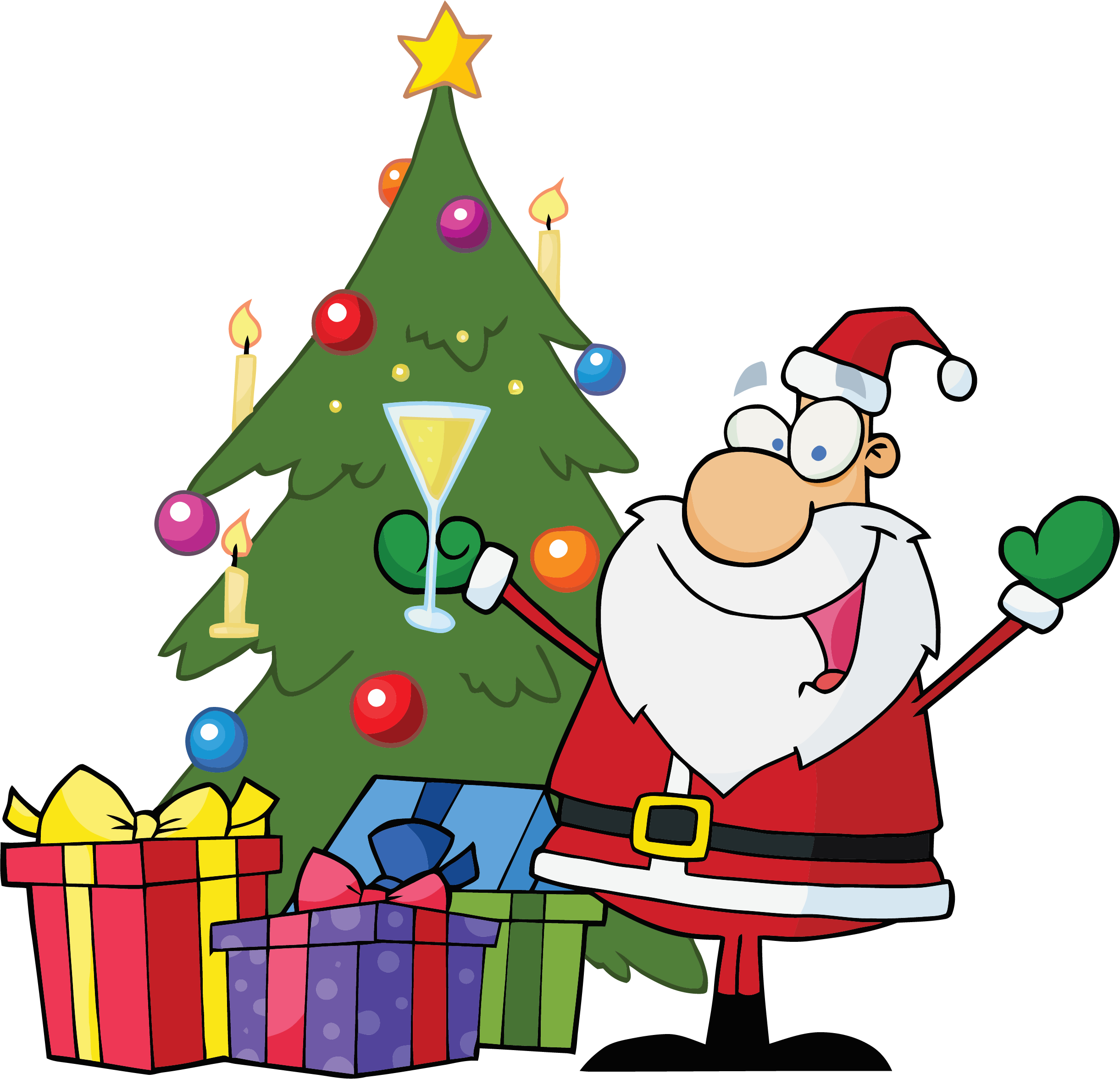 Cartoon Santa Claus With Presents Next To A Christmas Tree
