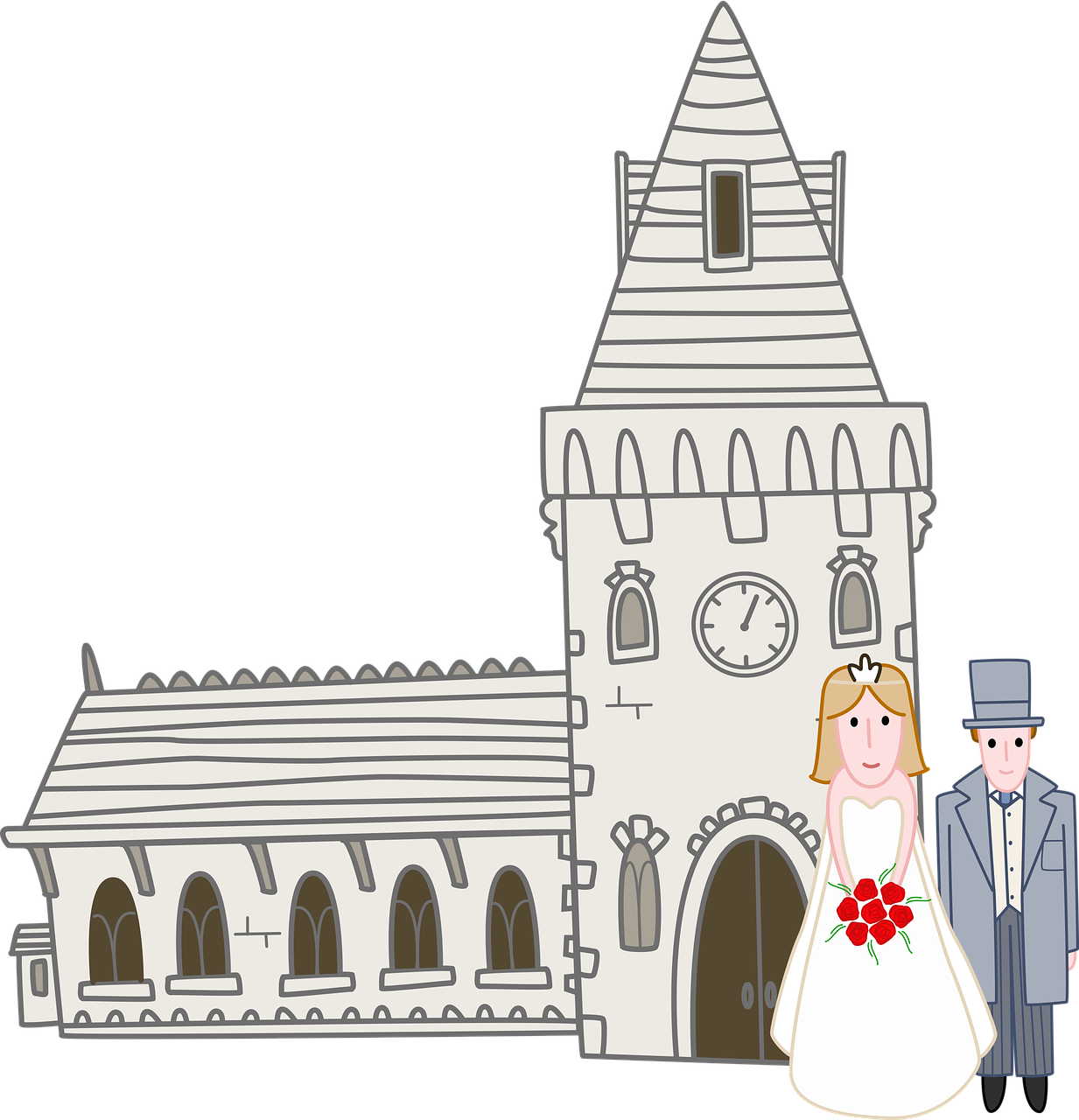 A Cartoon Of A Bride And Groom In Front Of A Church