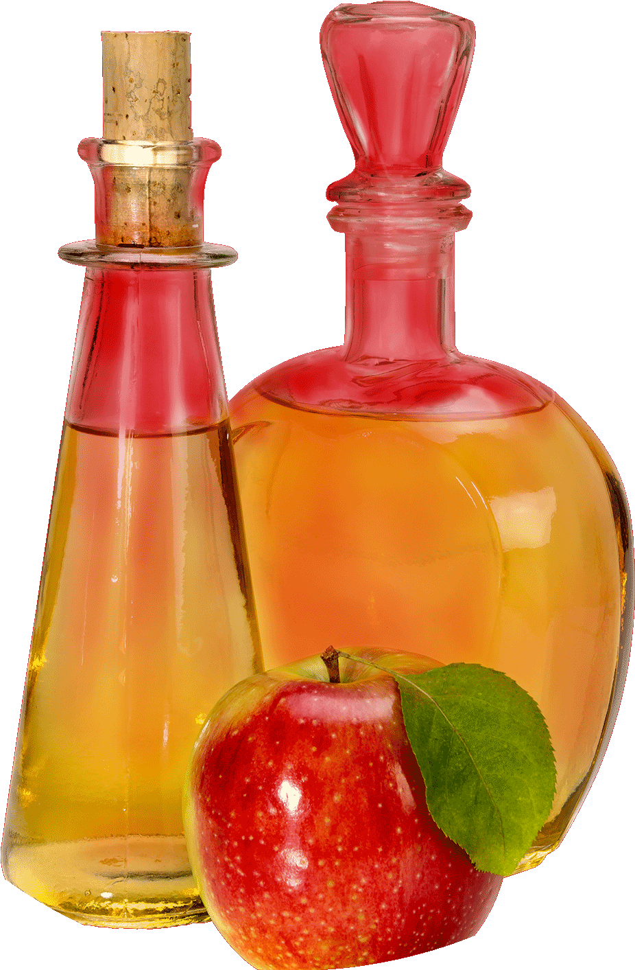 Two Glass Bottles With Liquid And An Apple