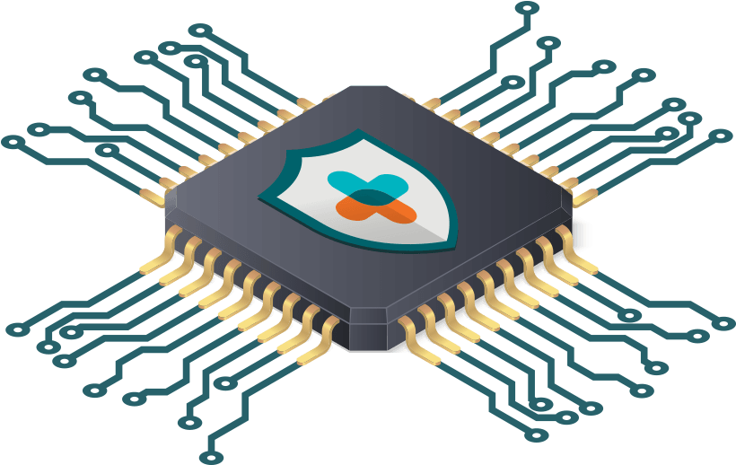 A Computer Chip With A Shield And A Cross