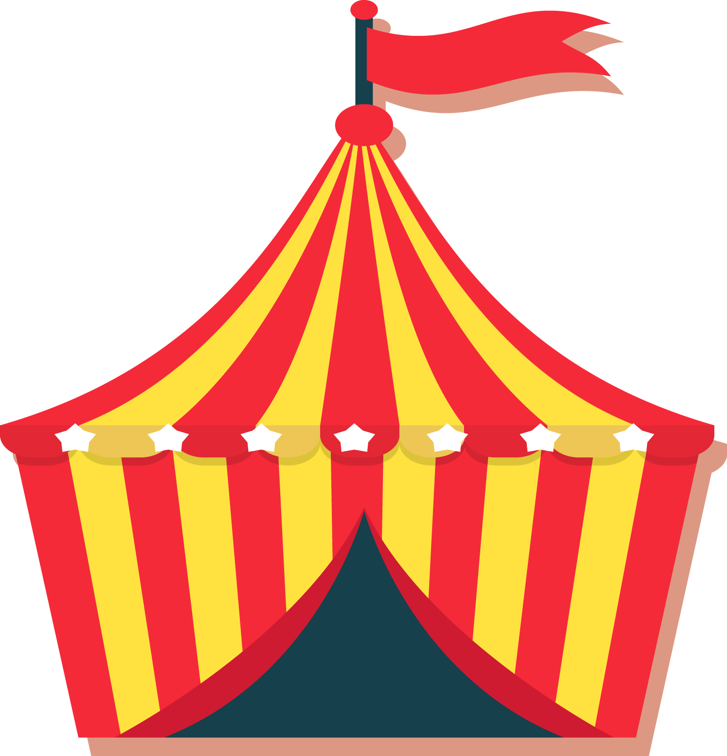 A Red And Yellow Striped Tent With A Flag On Top