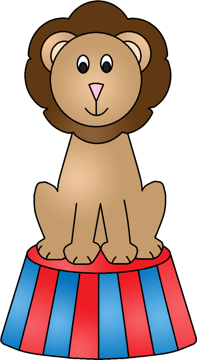 A Cartoon Lion Sitting On A Red Blue And White Circus Stool