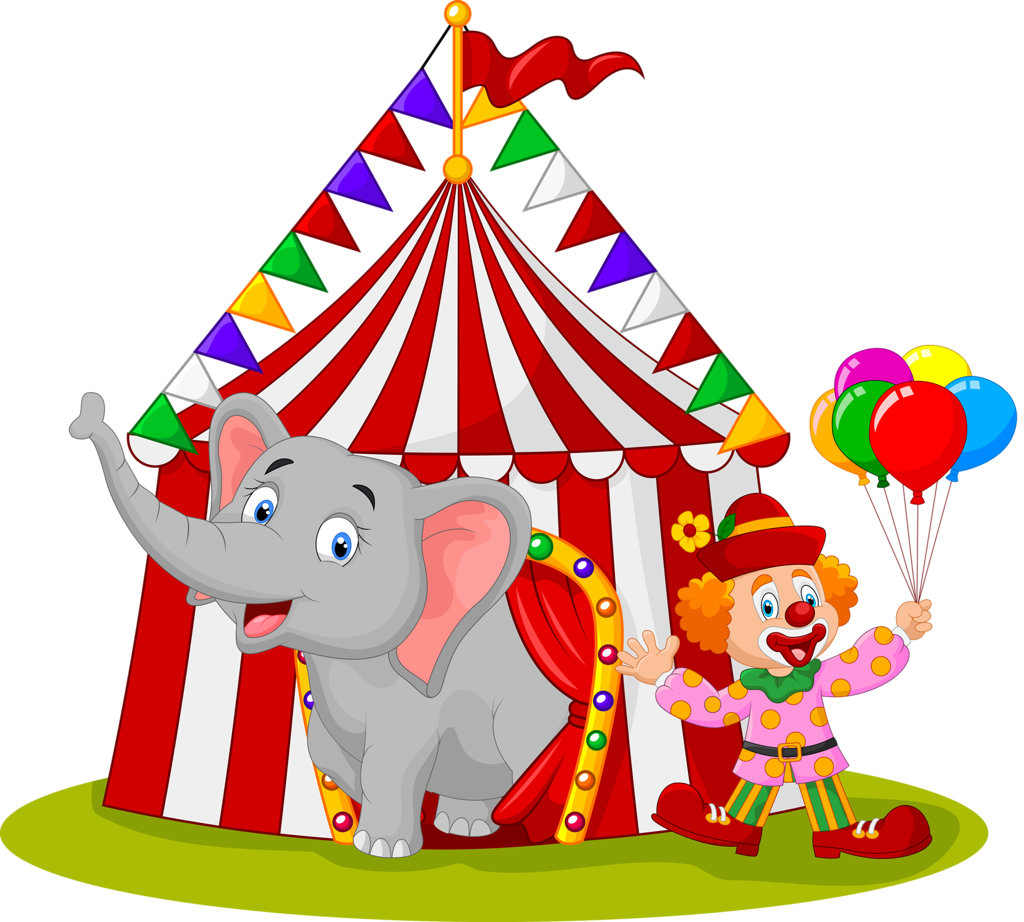 Cartoon Elephant And Clown In Front Of A Circus Tent