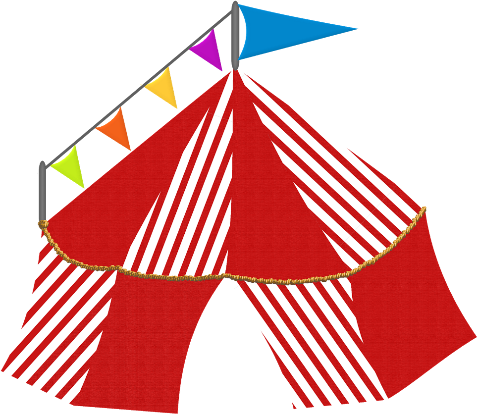 A Red And White Striped Tent With Colorful Flags