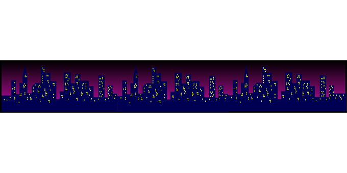 A City Skyline With Purple And Yellow Lights