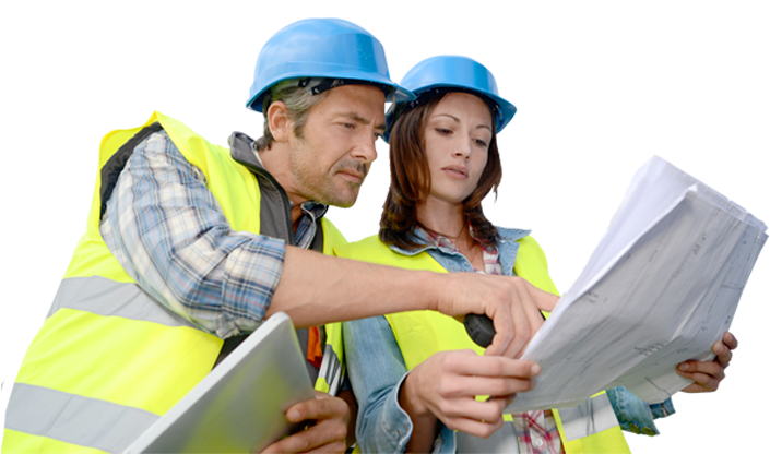 A Man And Woman Wearing Safety Vests And Helmets Looking At A Blueprint