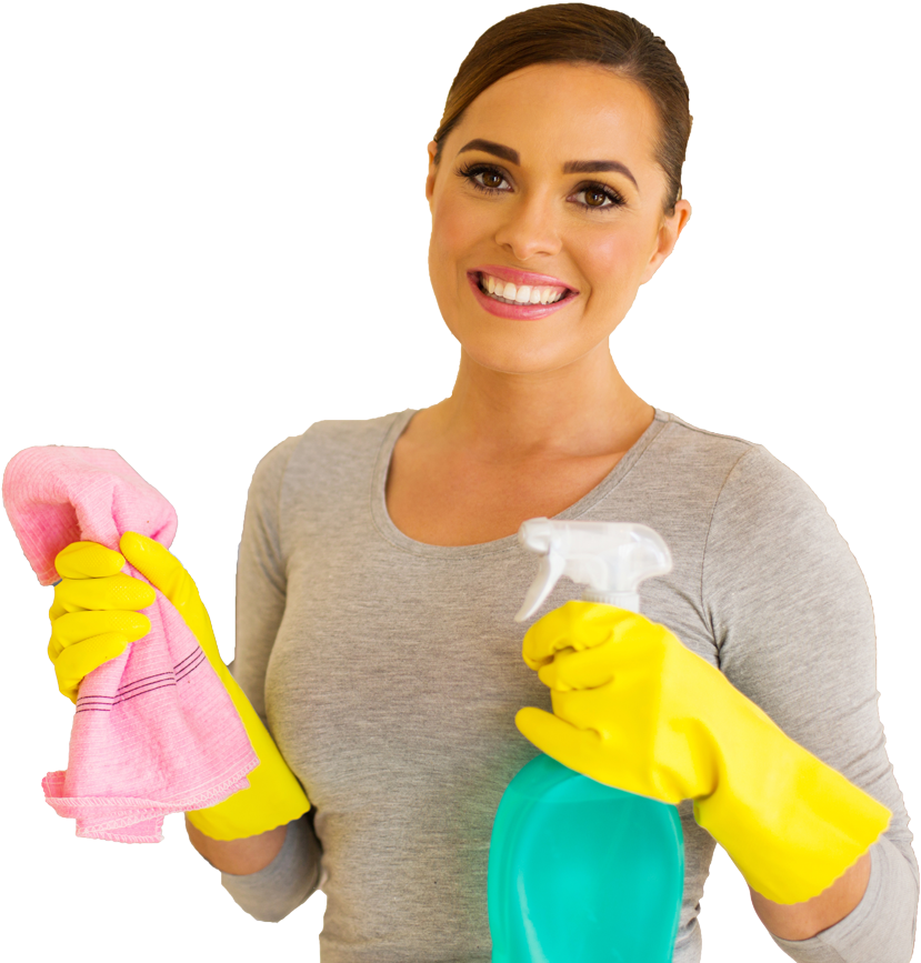 A Woman Holding A Rag And Spray Bottle