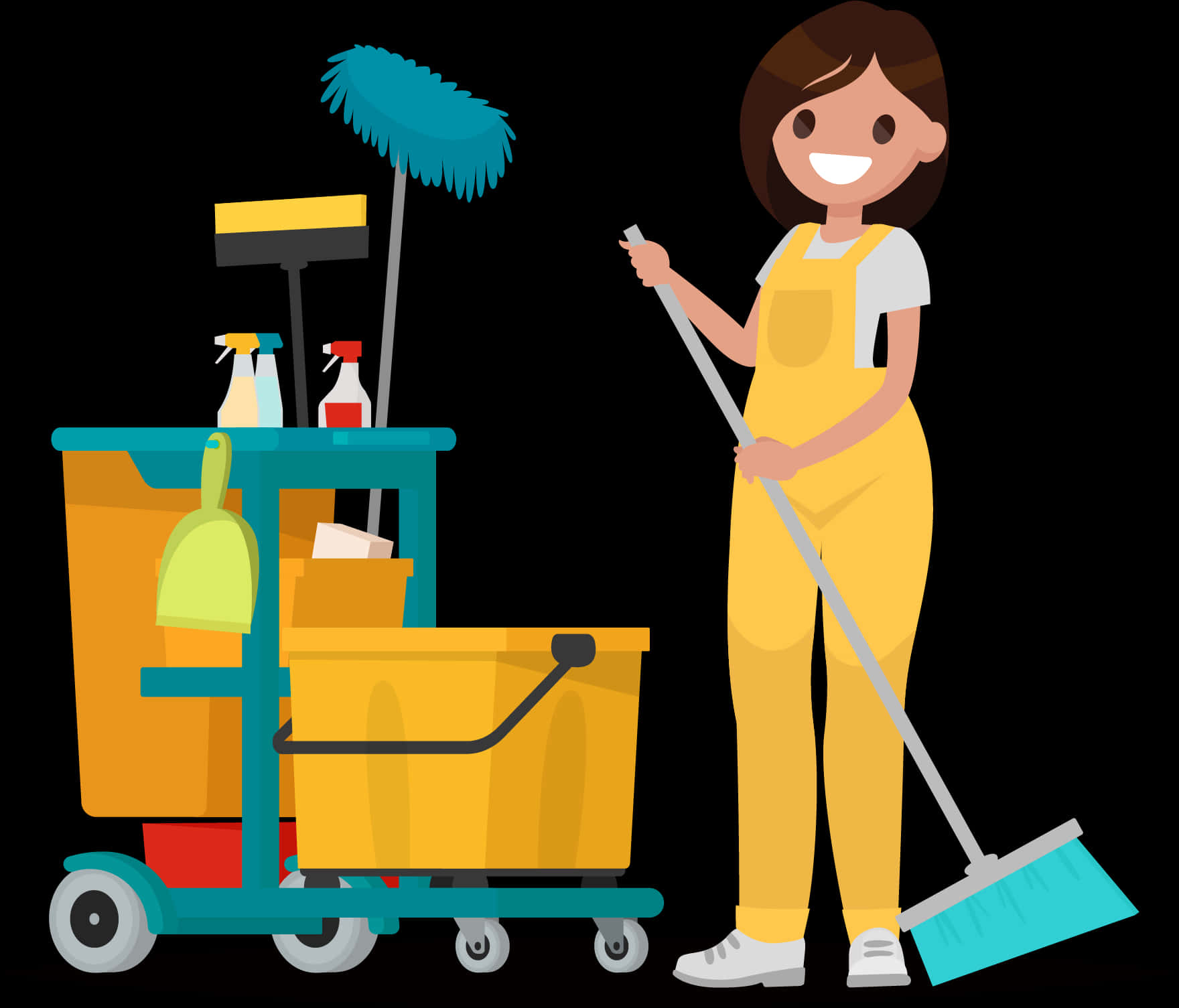 A Woman With A Mop And A Cart
