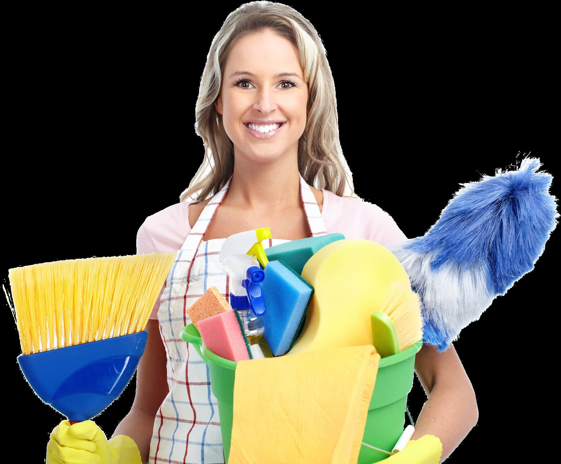 A Woman Holding A Bucket Of Cleaning Supplies