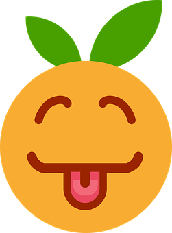 A Cartoon Orange With Green Leaves And Tongue Sticking Out