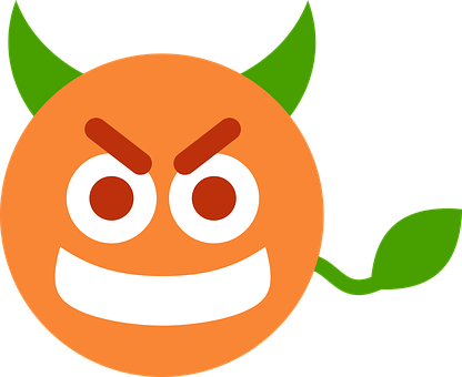 A Cartoon Orange With Green Horns And A Green Tail
