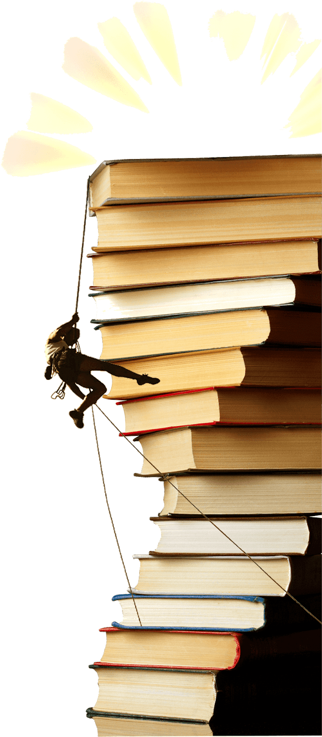 A Person Climbing A Rope To A Stack Of Books