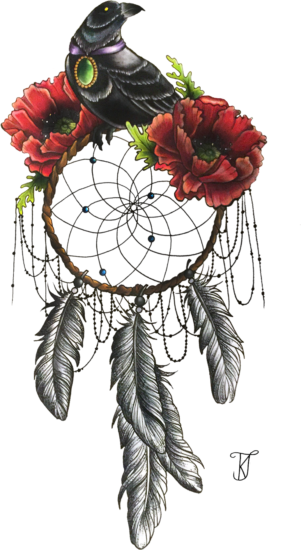 A Dream Catcher With Flowers And Feathers