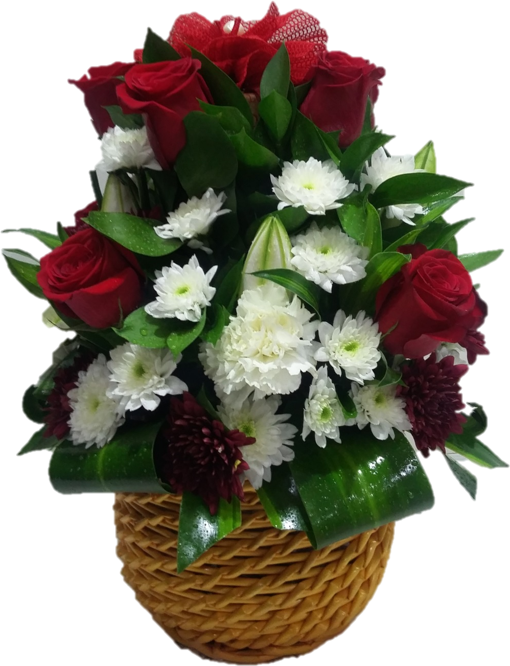 A Basket Of Flowers With Red Roses And White Flowers