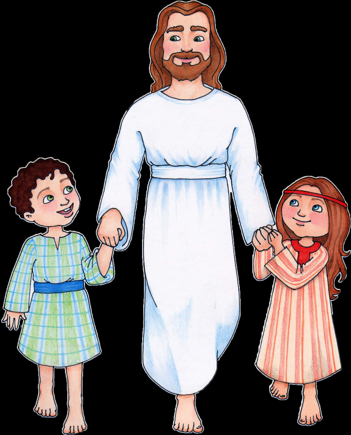 A Man And Two Children Holding Hands