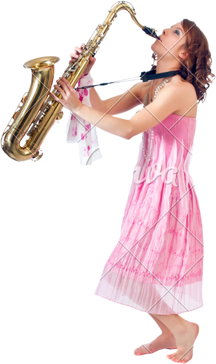A Woman In A Pink Dress Playing A Saxophone