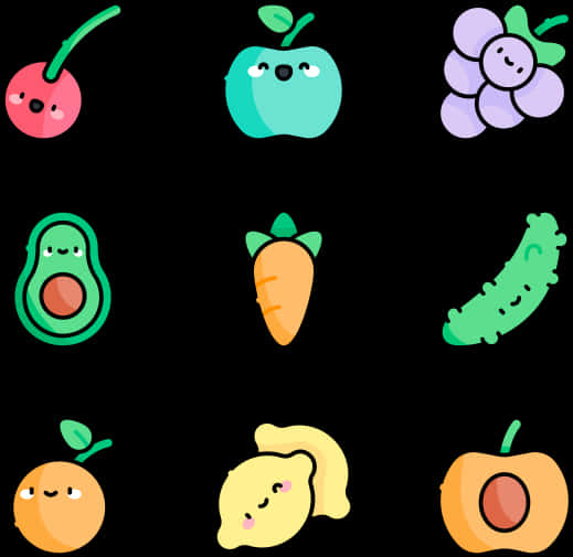 A Group Of Cartoon Fruits And Vegetables