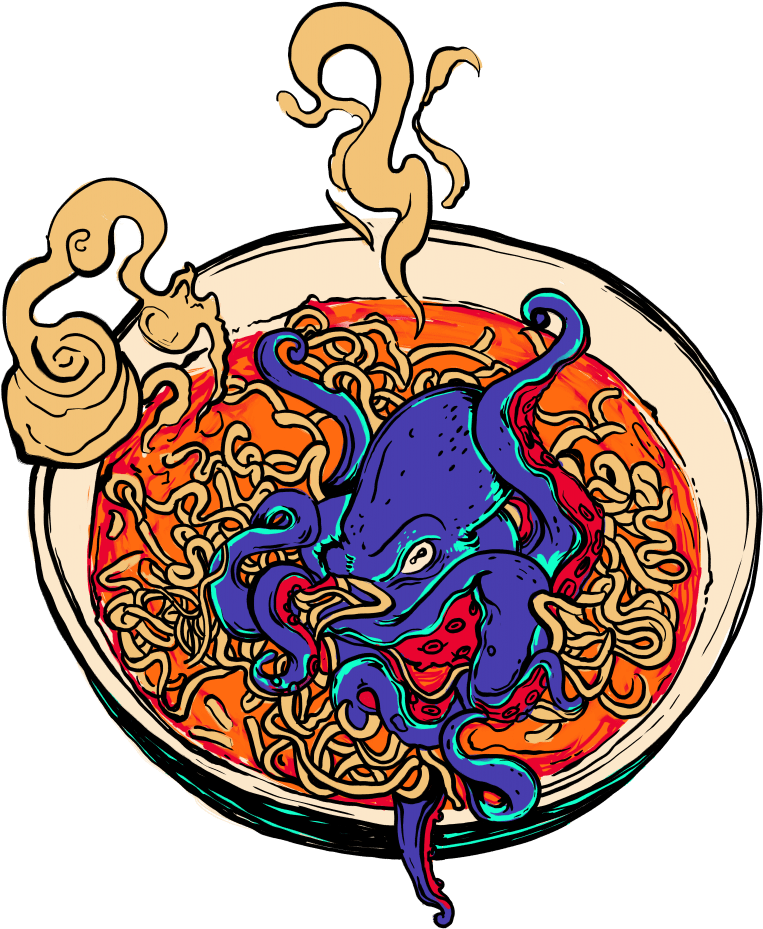 A Cartoon Of A Octopus In A Bowl Of Noodles