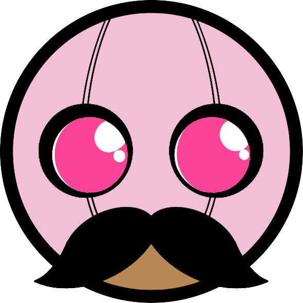 A Cartoon Face With A Mustache And Pink Eyes