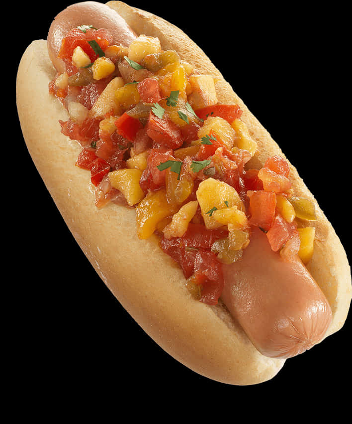 A Hot Dog With Salsa On Top