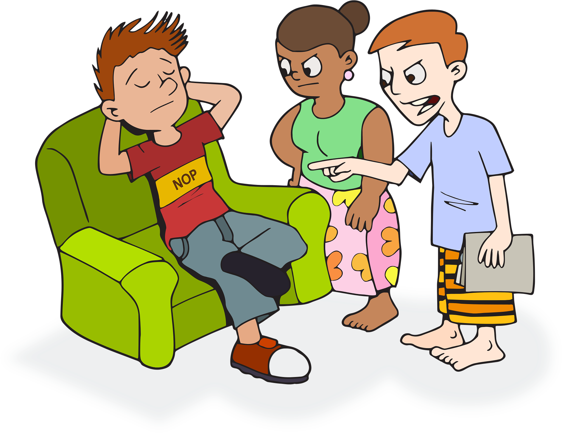 Cartoon Of A Boy Sitting On A Green Chair With A Group Of People