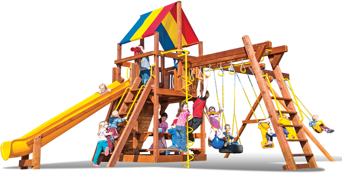 A Group Of Kids Playing On A Wooden Playground