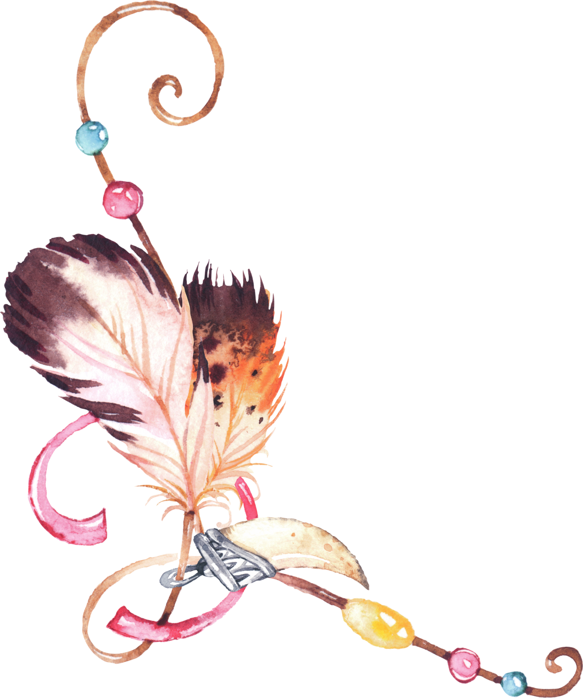 A Watercolor Feather With Beads And Ribbons