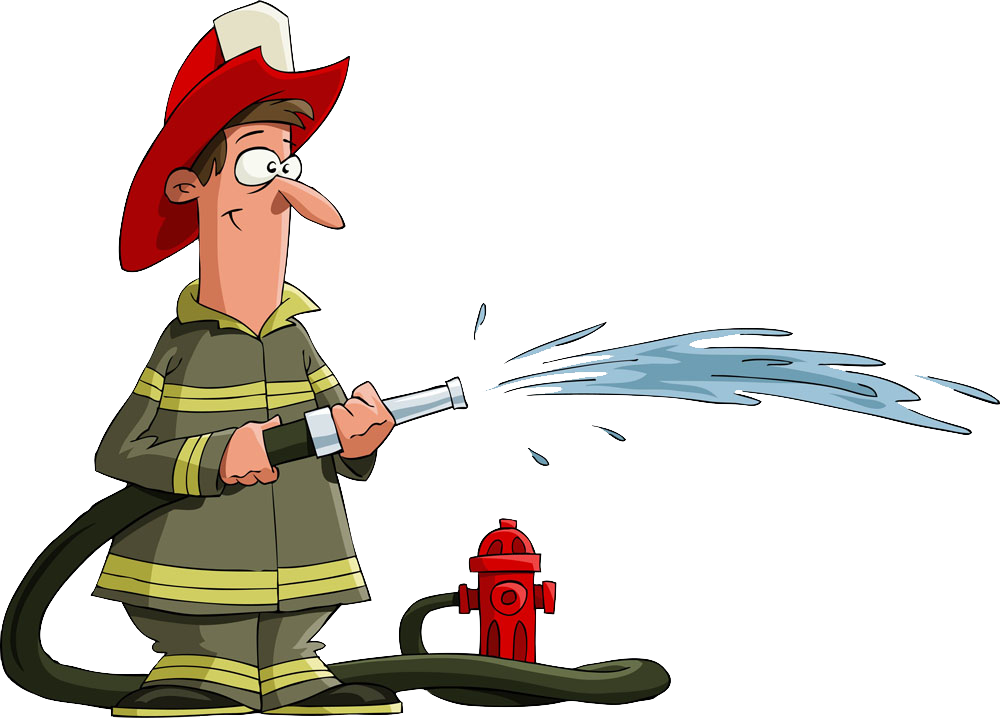 A Cartoon Fireman Spraying Water On A Fire Hydrant