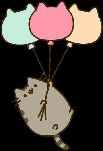 Pusheen Floating With Three Balloons