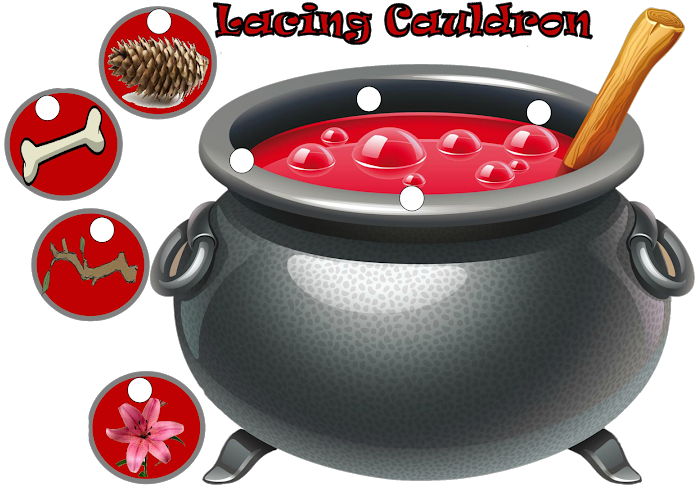 A Cauldron With Red Liquid And Many Circles Of Different Objects