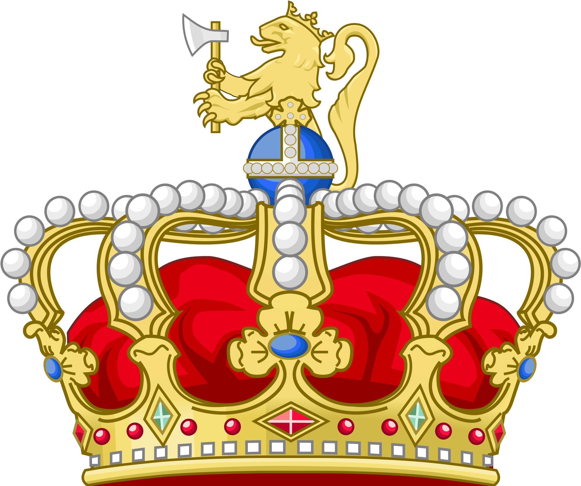 A Gold Crown With A Lion Holding An Ax And A Red Heart With Diamonds