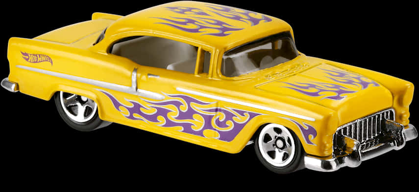 A Yellow Toy Car With Purple Flames