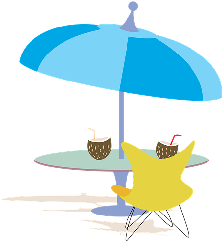 A Cartoon Of A Table With A Blue Umbrella And A Yellow Star