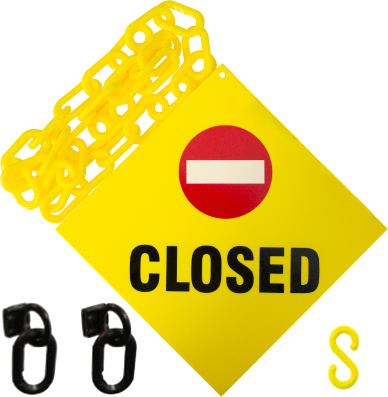 A Yellow Sign With A Chain And A Red Circle