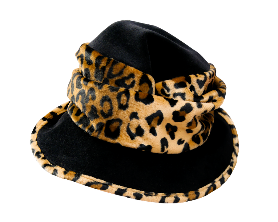 A Black And Yellow Hat With A Leopard Print Trim