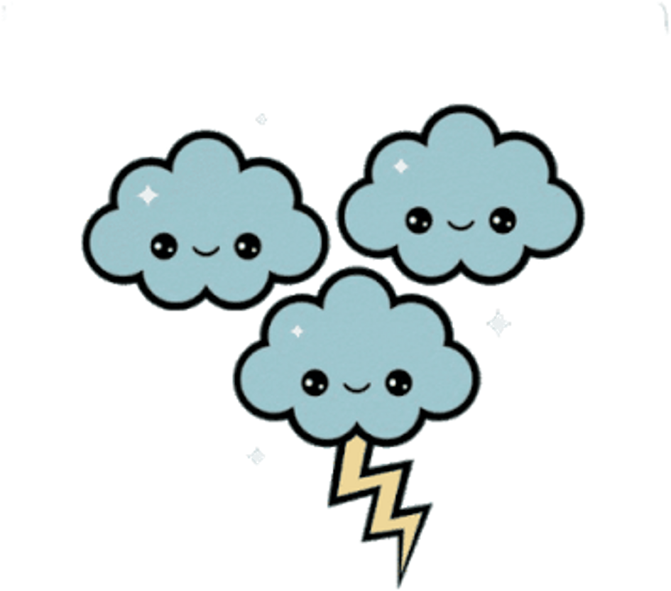 A Group Of Clouds With Faces And Lightning Bolt