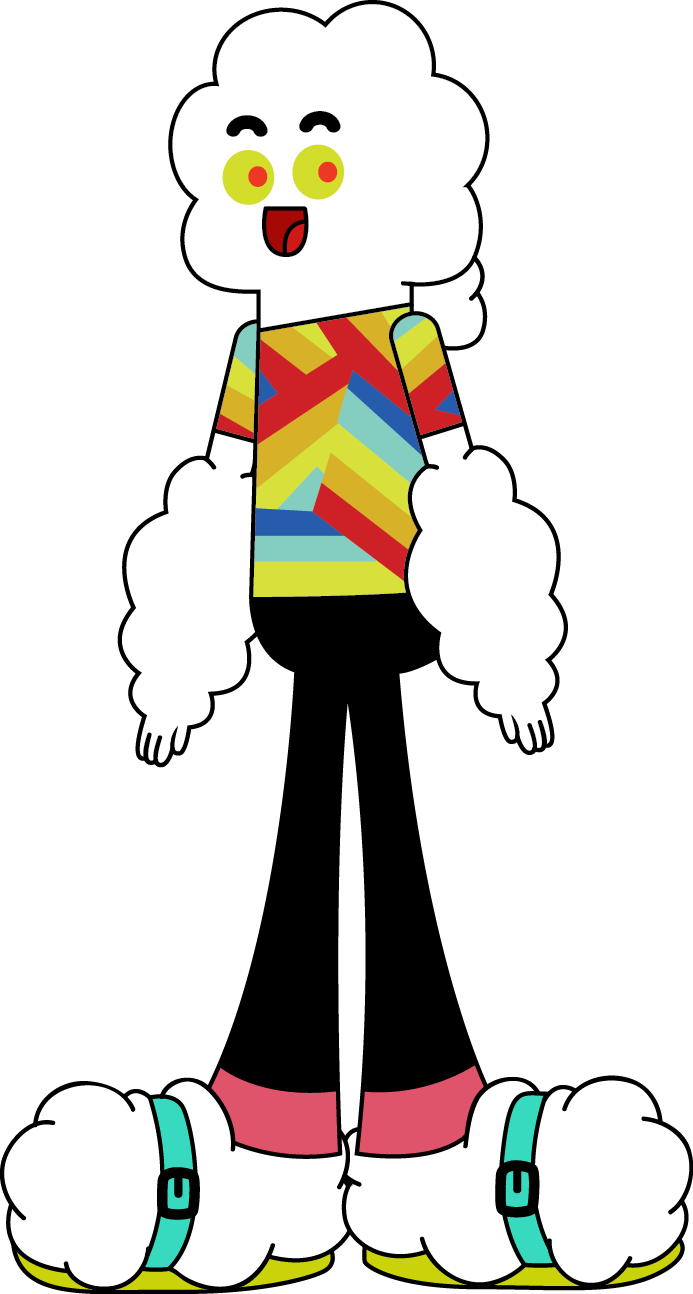 A Cartoon Character With Colorful Shirt And White Puffy Clouds