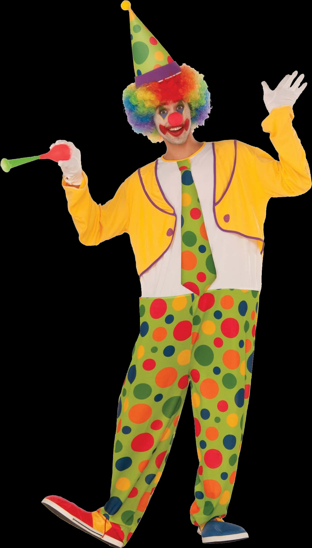 A Clown With A Yellow Shirt And Colorful Polka Dot Pants