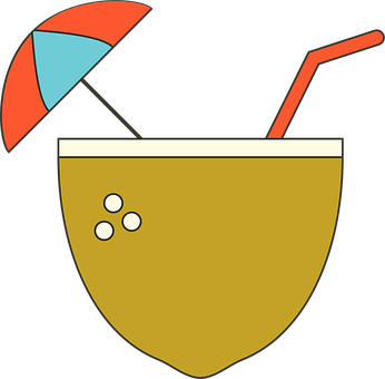 A Cartoon Of A Coconut Drink With A Straw And Umbrella
