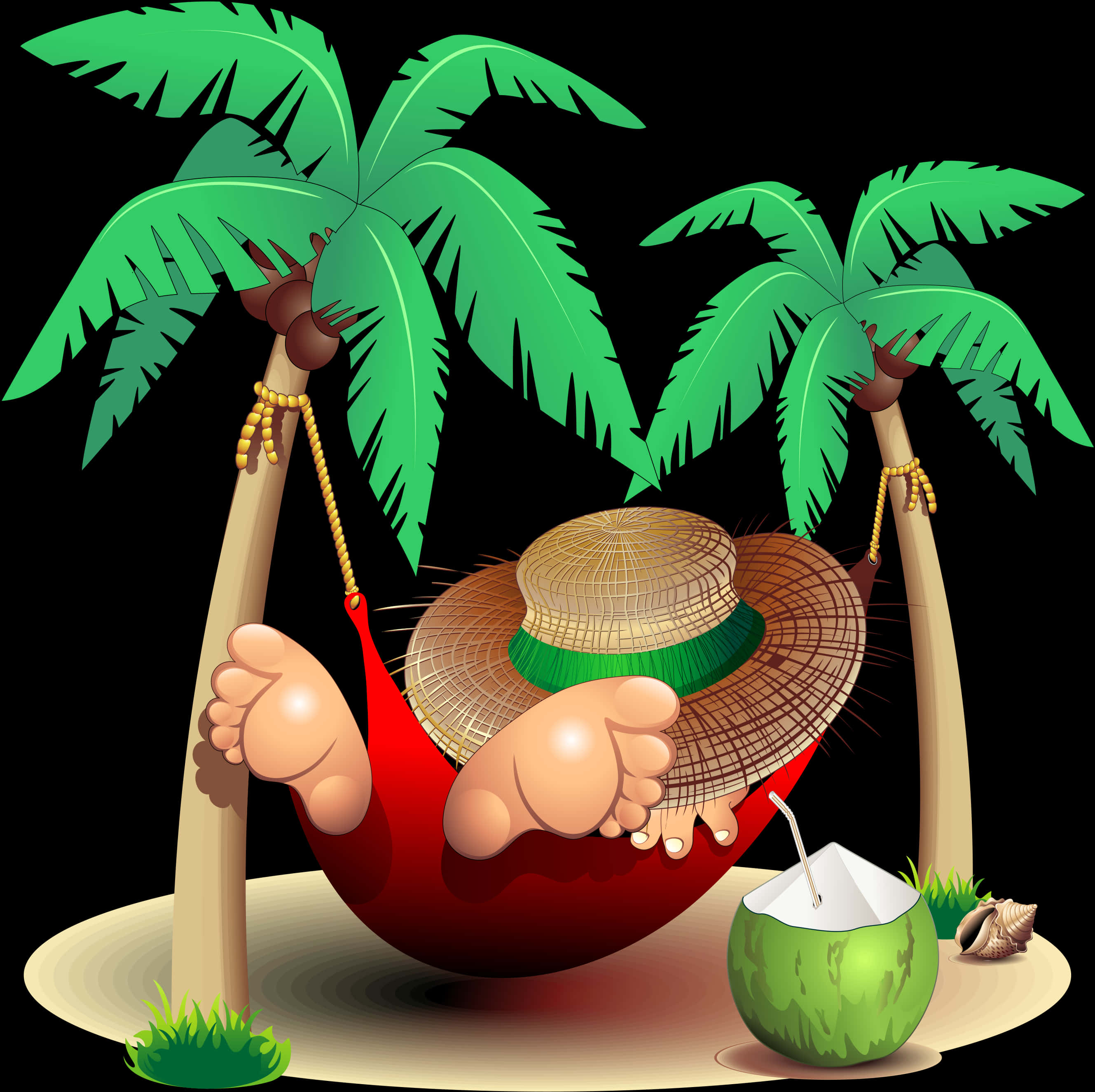 A Person In A Hammock With A Hat And Palm Trees