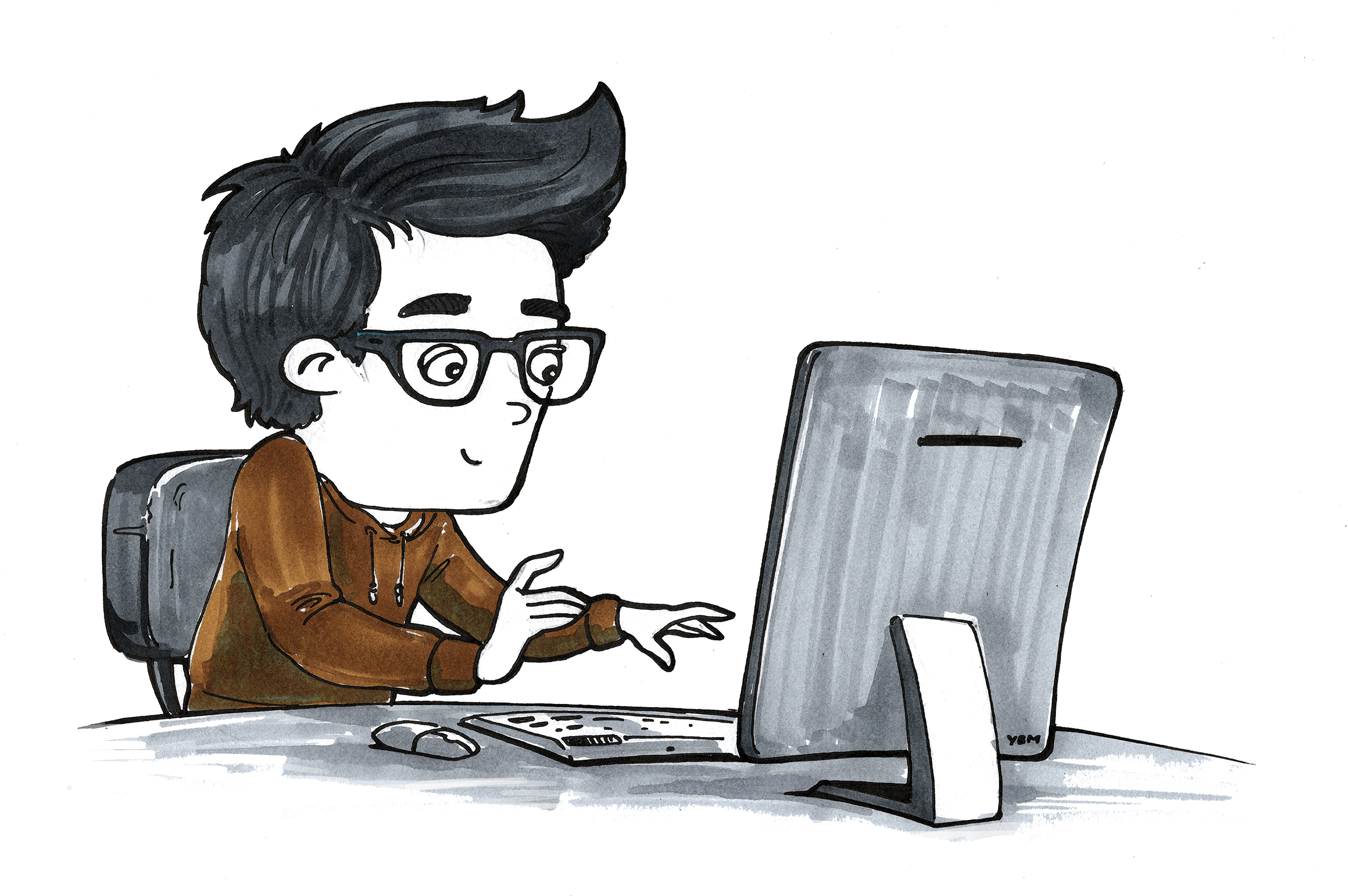 A Cartoon Of A Man Using A Computer