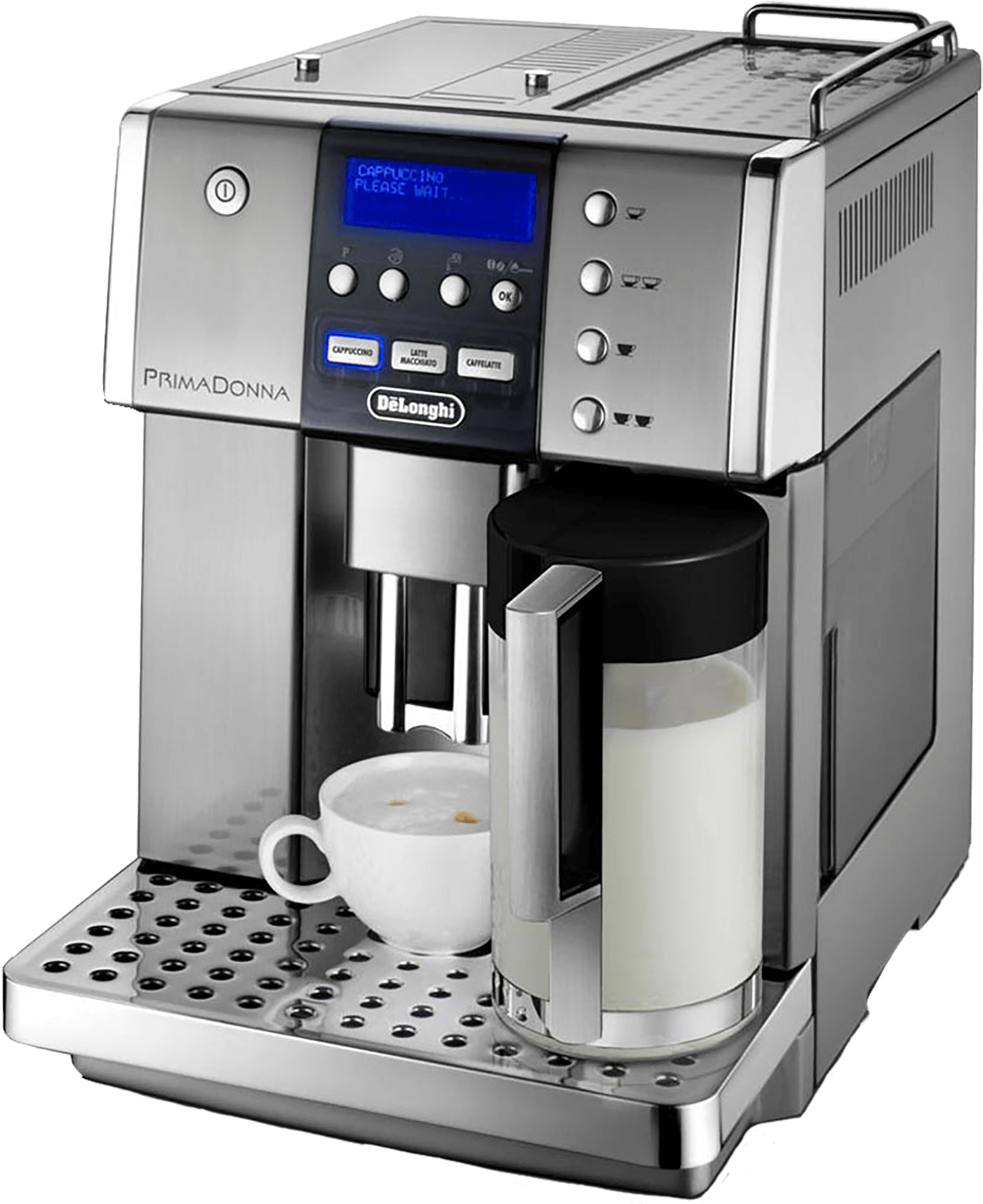 A Silver Coffee Machine With A White Cup And A Black Screen