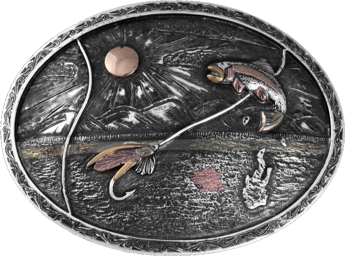 A Oval Metal Belt Buckle With Fish And A Fishing Hook