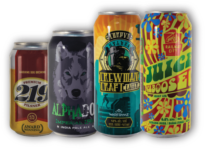 A Group Of Cans With Colorful Labels