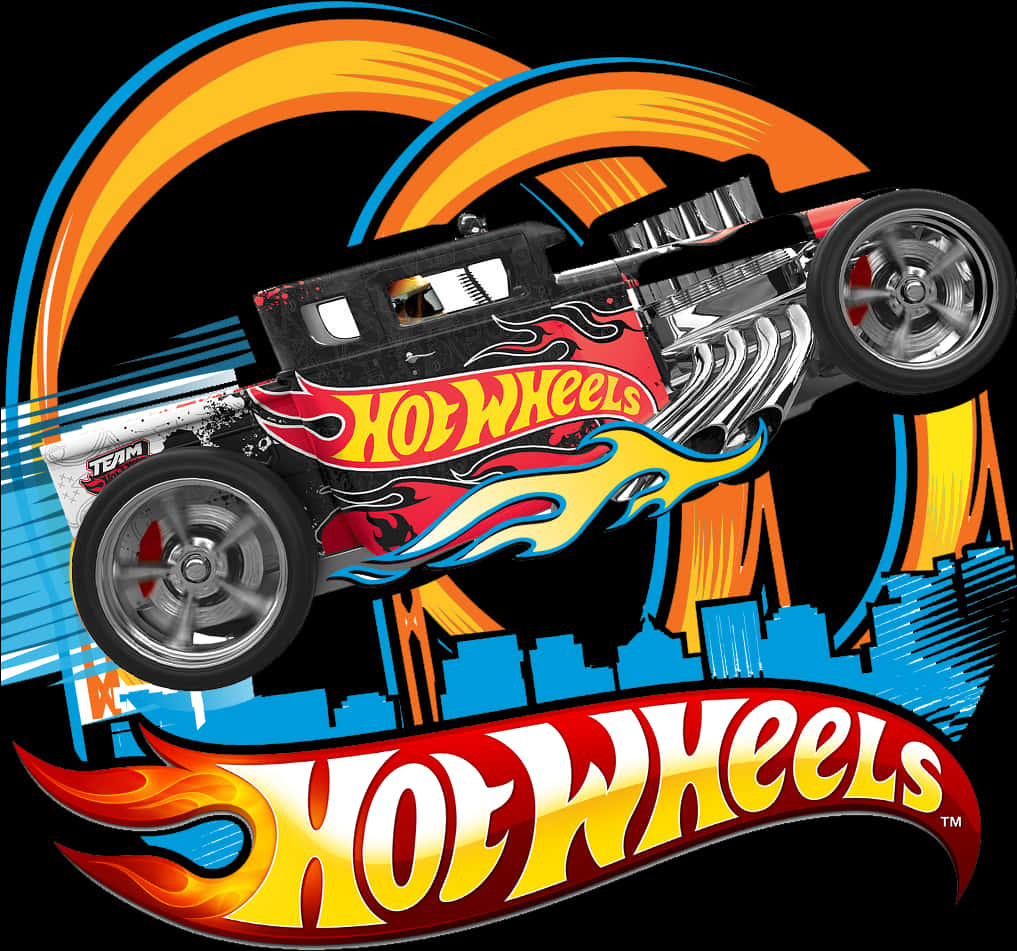 A Hot Wheels Car With Flames And Text