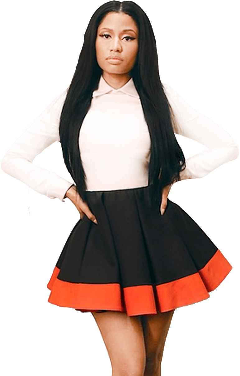 A Woman With Long Black Hair And A Black And Orange Skirt