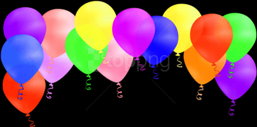 A Row Of Balloons With Ribbons