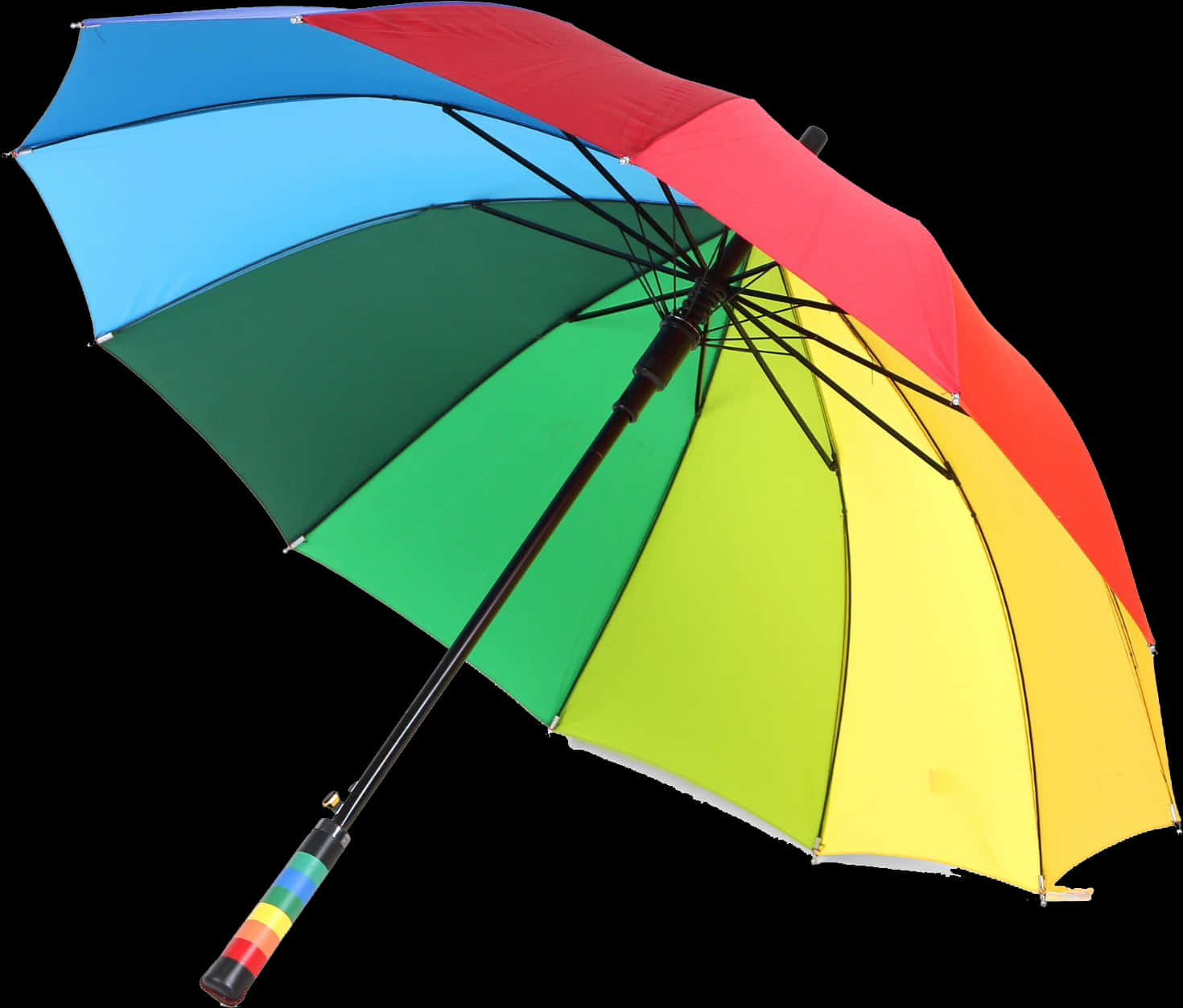A Rainbow Colored Umbrella With A Black Pole