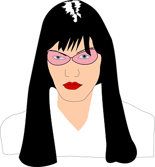 A Woman With Long Black Hair And Pink Glasses