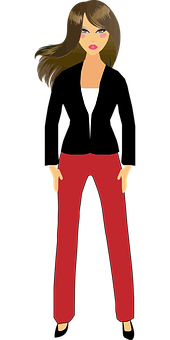 A Woman With Long Hair Wearing Red Pants And A Black Jacket